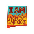 I AM New Mexico kiss-cut sticker: teal, desert orange with cactus and sun