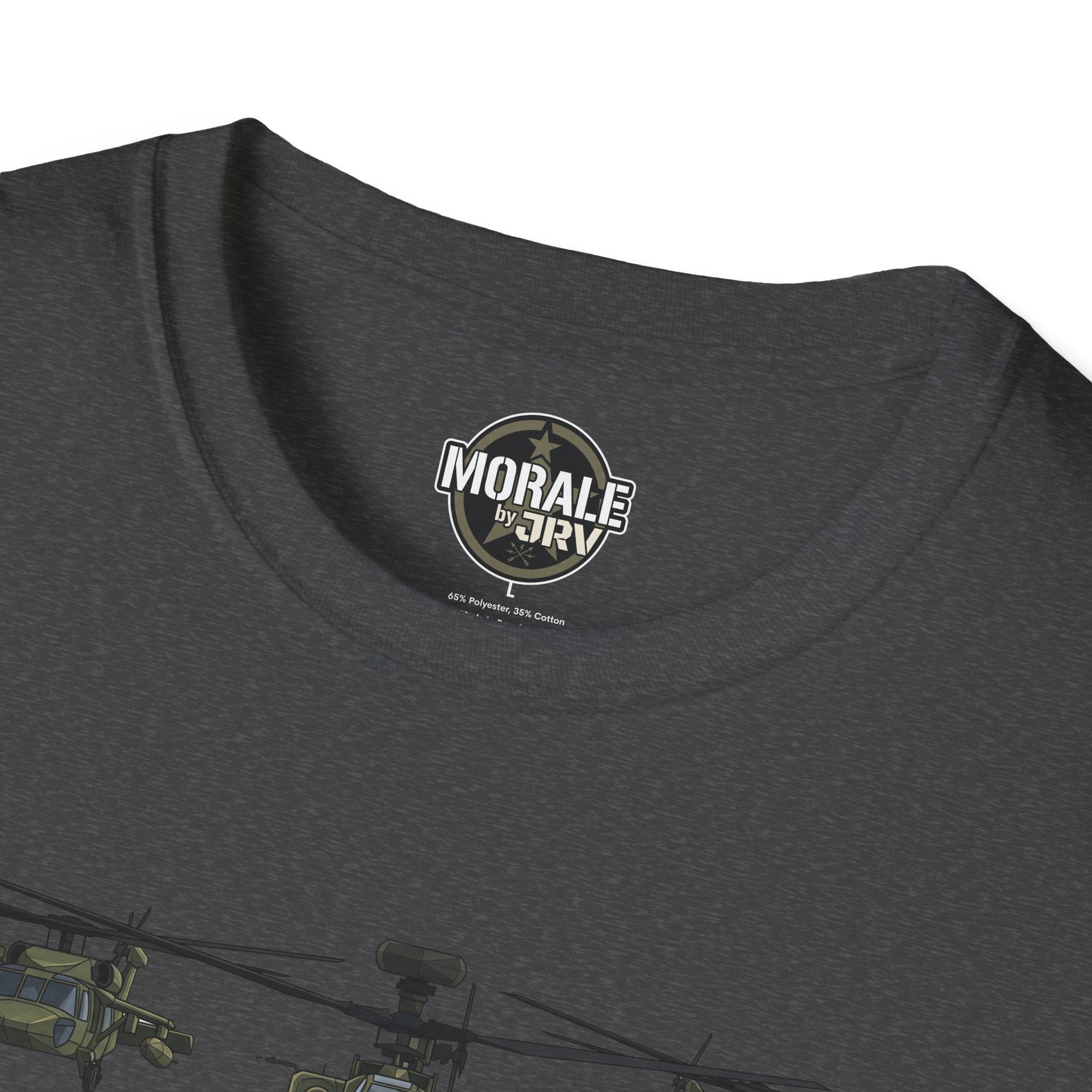 Dark gray T-shirt back neckline with round “MORALE by DRV” emblem