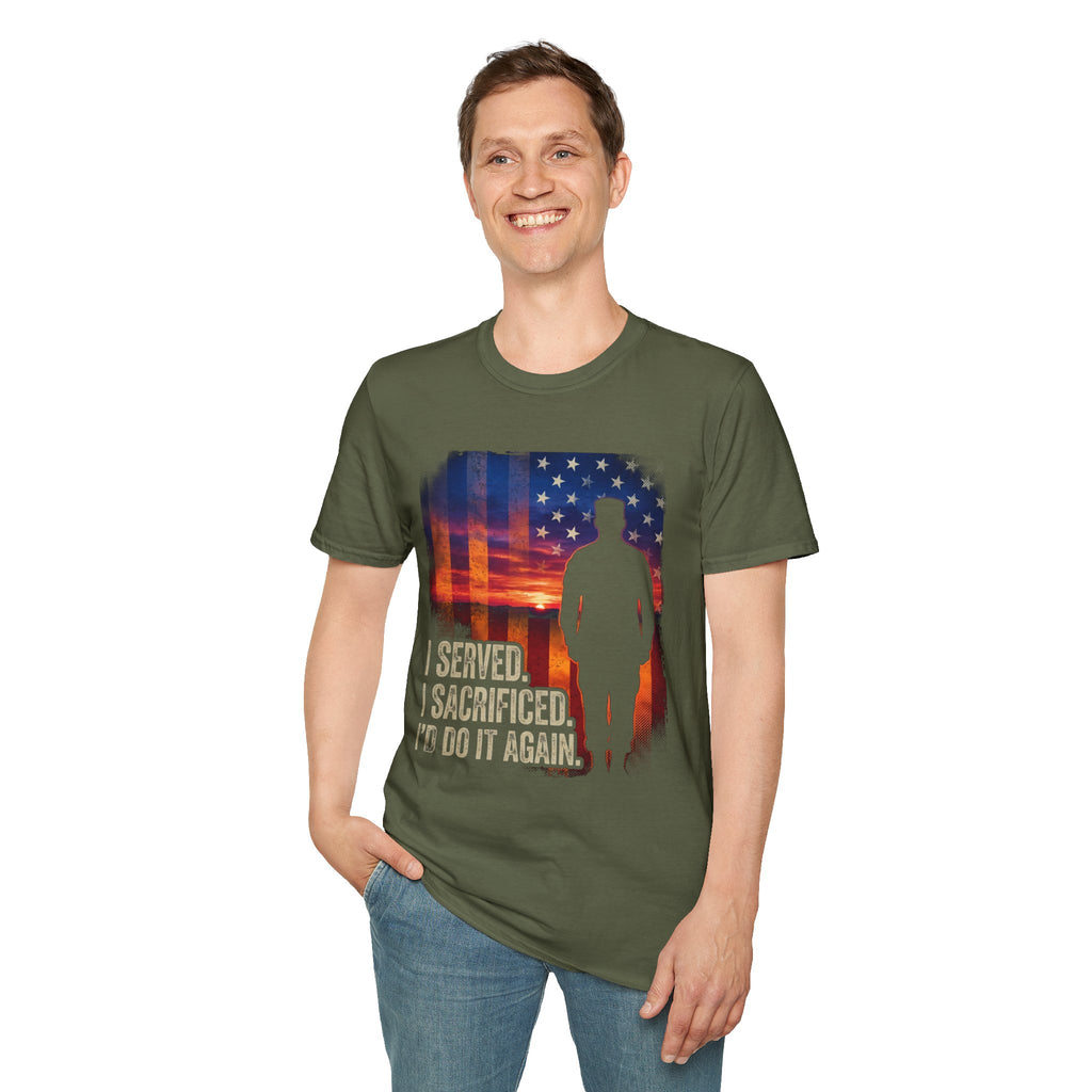 Military green T-shirt on model, soldier silhouette and American flag sunset graphic