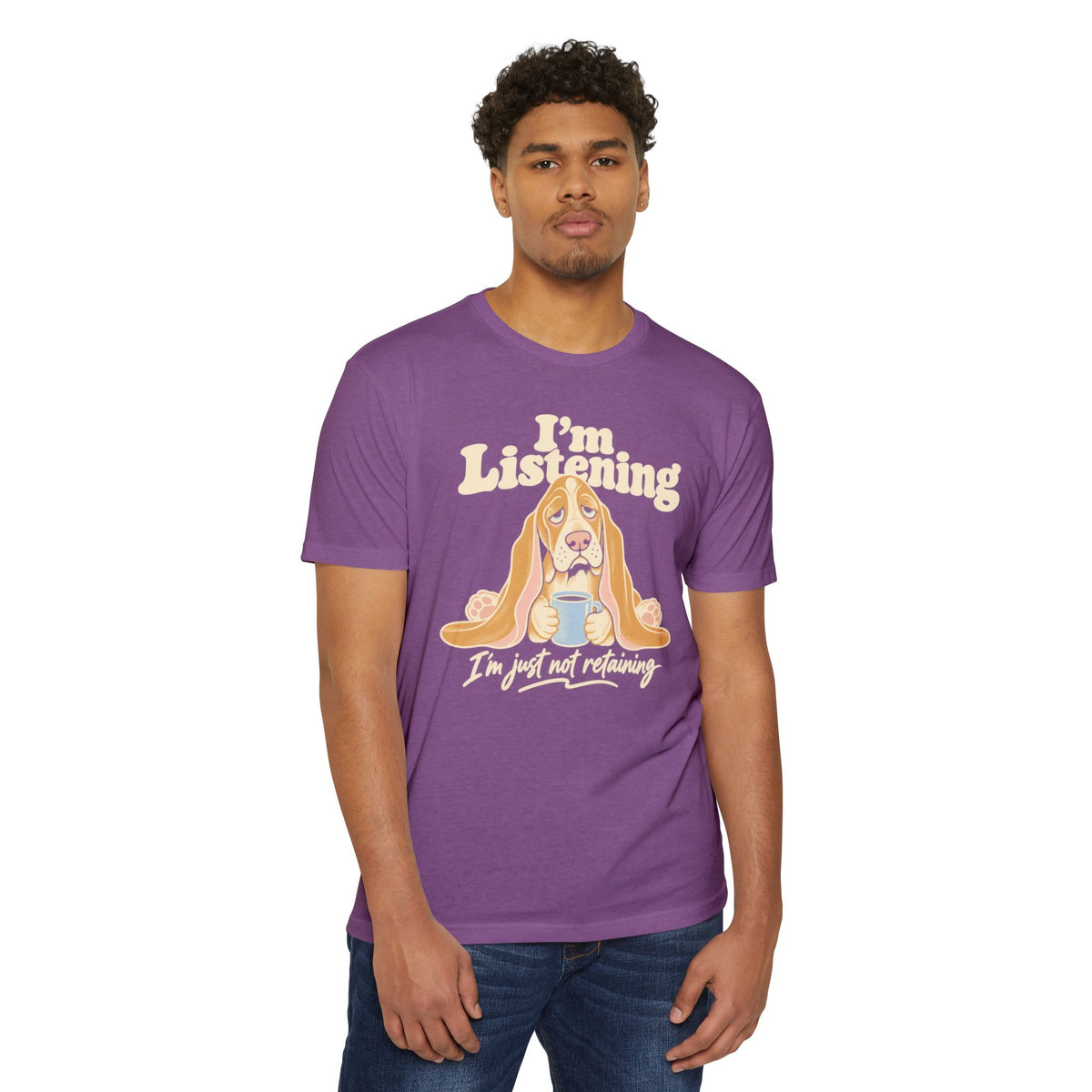Basset hound graphic T-shirt in purple, front print with “I’m Listening” slogan