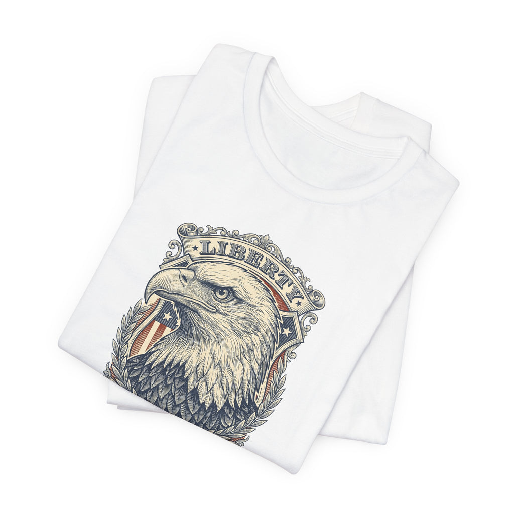 White crew-neck graphic tee with bald eagle head design