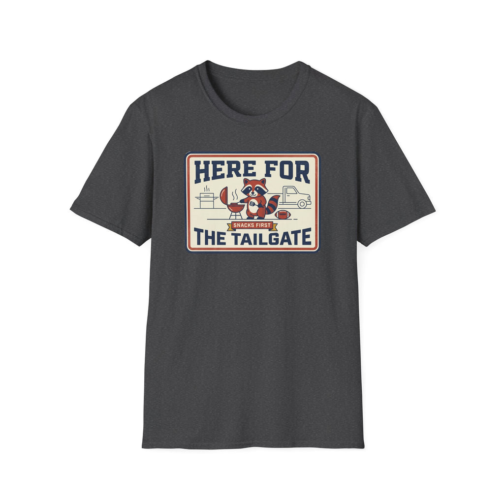 Charcoal gray short-sleeve T-shirt with 'Here for the Tailgate' graphic on chest