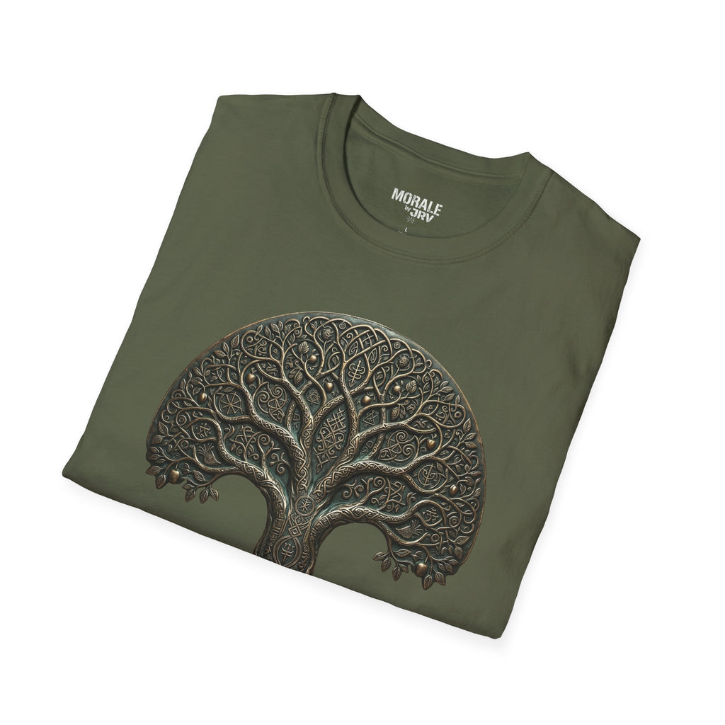 Military Green T-shirt with large Celtic tree of life roots and branches graphic