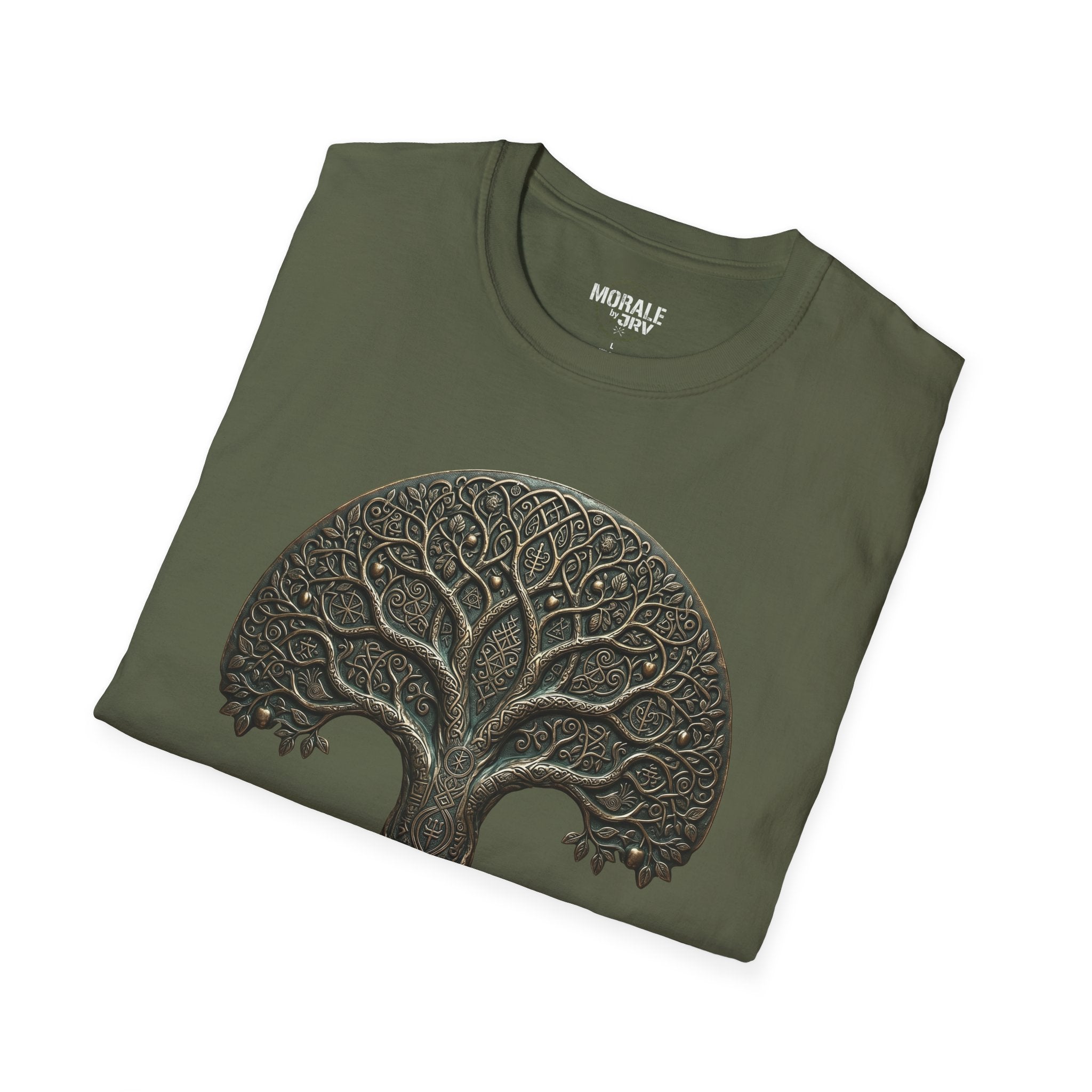 Military Green T-shirt with large Celtic tree of life roots and branches graphic