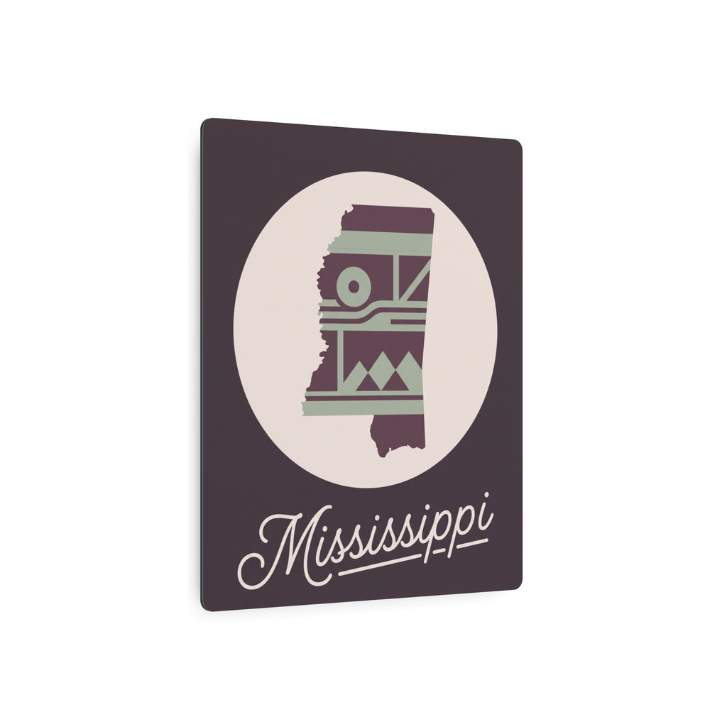 Plum metal wall sign with circular Mississippi silhouette, southwest pattern, and cursive text