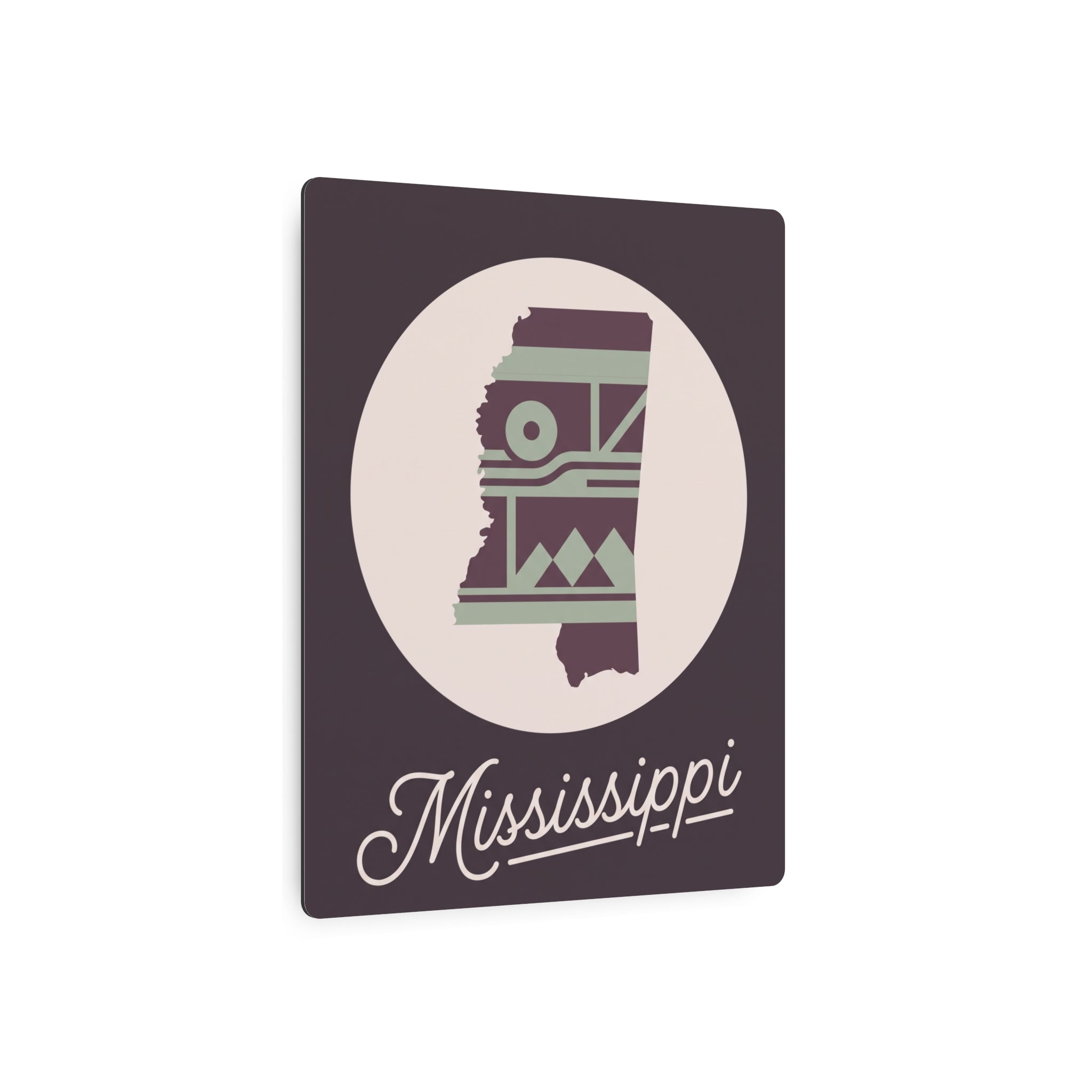 Plum metal wall sign with circular Mississippi silhouette, southwest pattern, and cursive text
