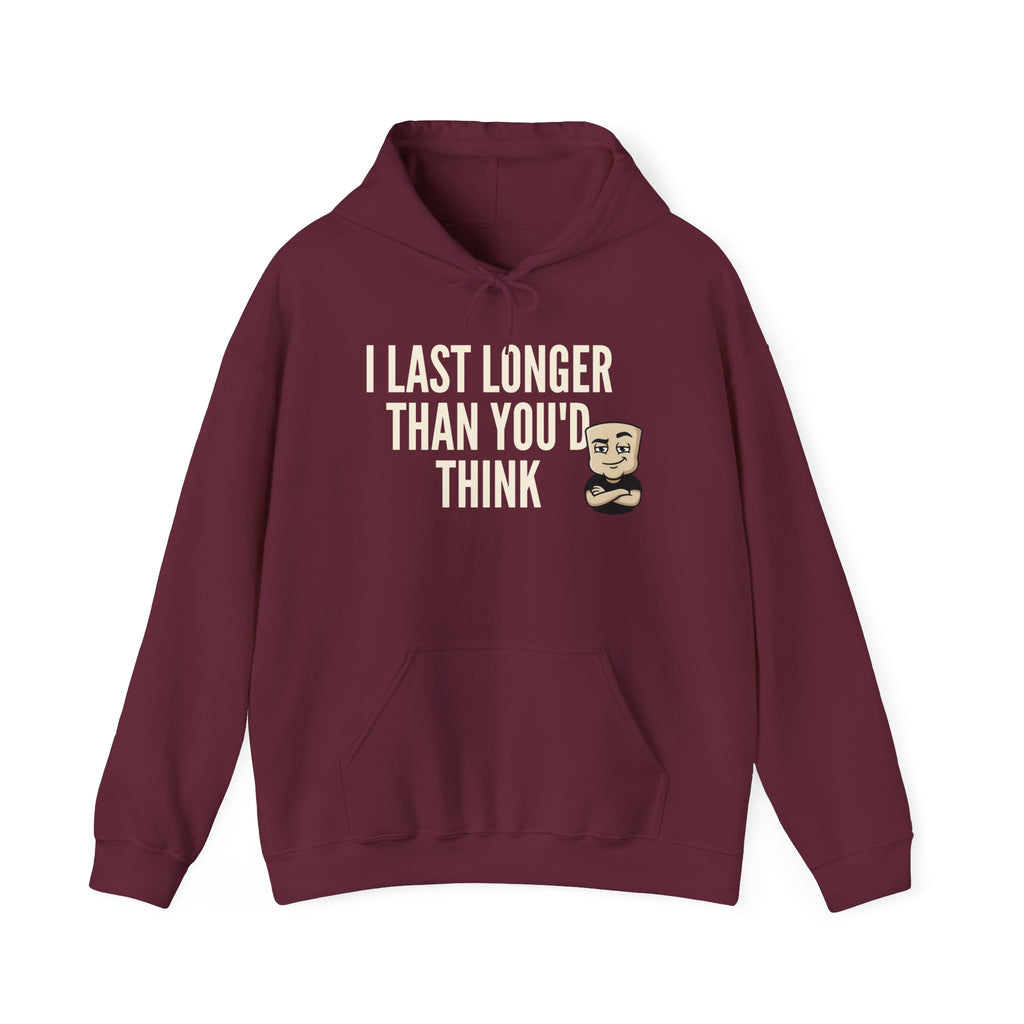 Maroon hoodie with front pocket and drawstring hood, bearded face graphic on chest.