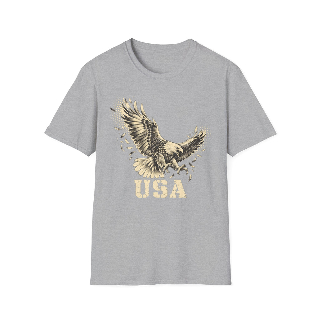Light gray crew-neck T-shirt with soaring bald eagle and “USA” graphic print