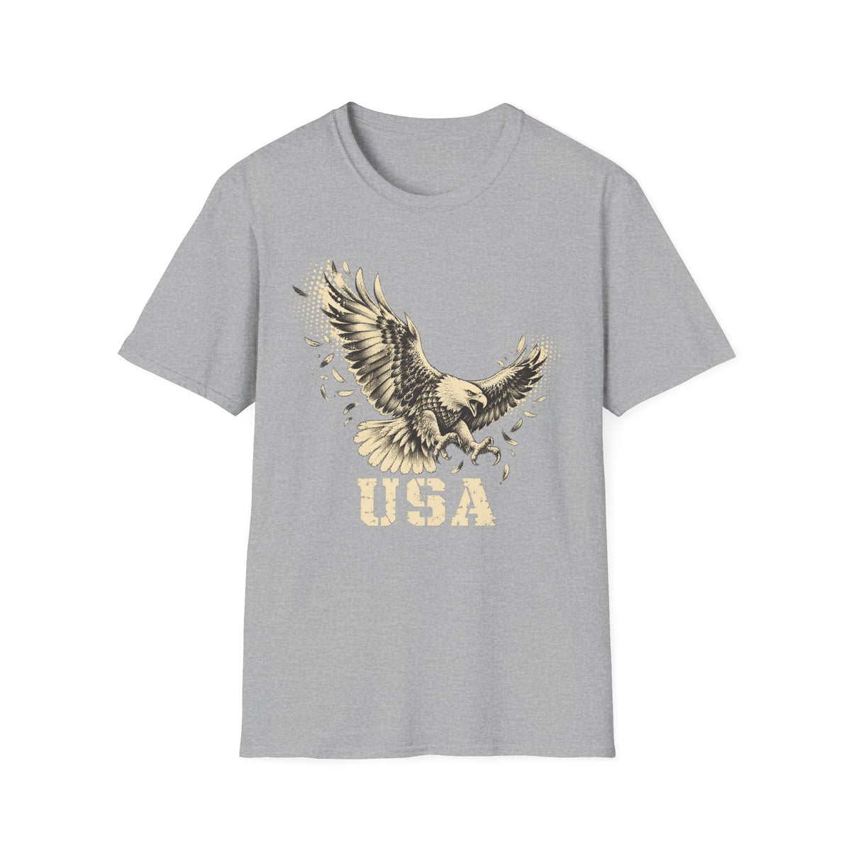 Light gray crew-neck T-shirt with soaring bald eagle and “USA” graphic print