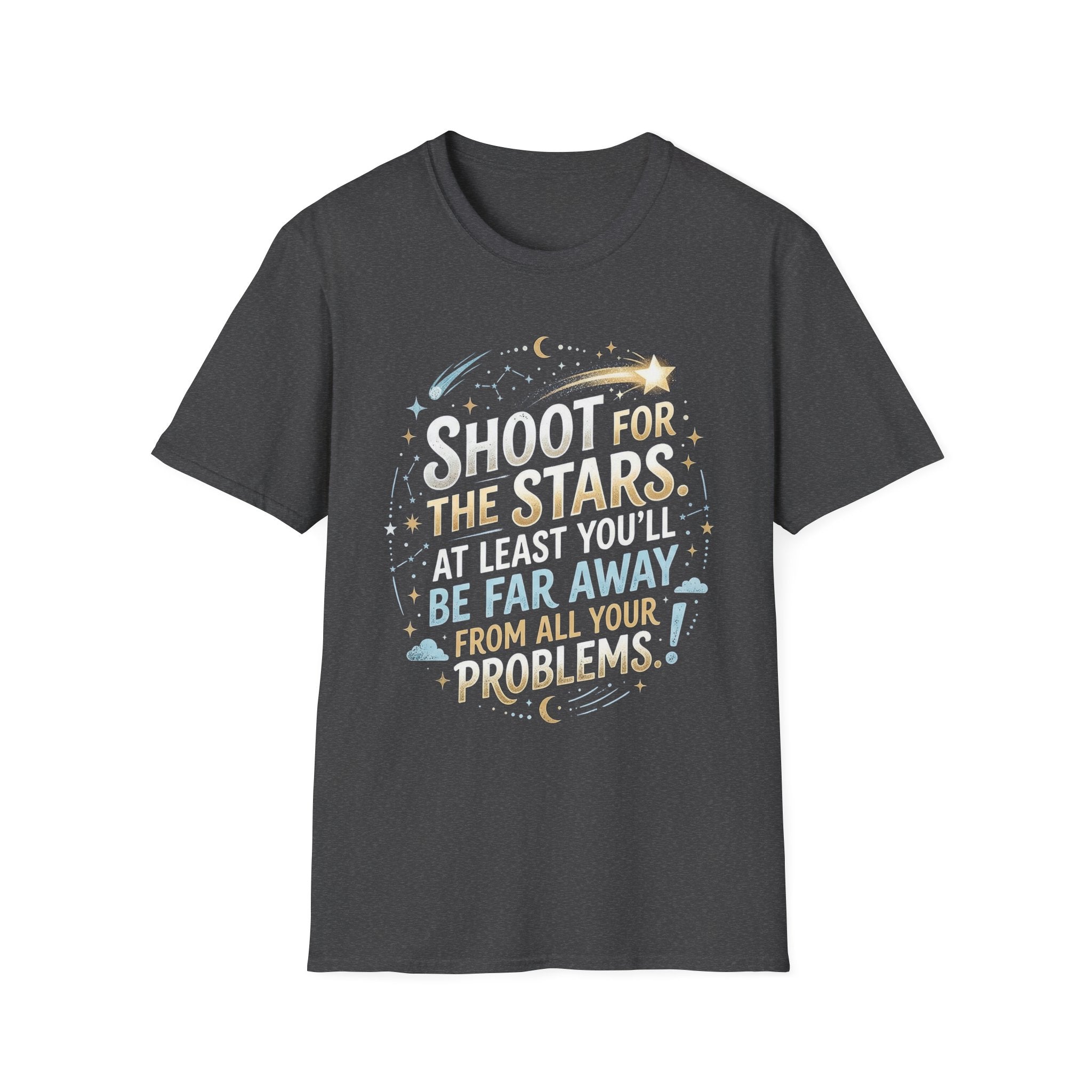 Shoot for the Stars graphic T-shirt in Dark Heather, astronomy quote with starburst