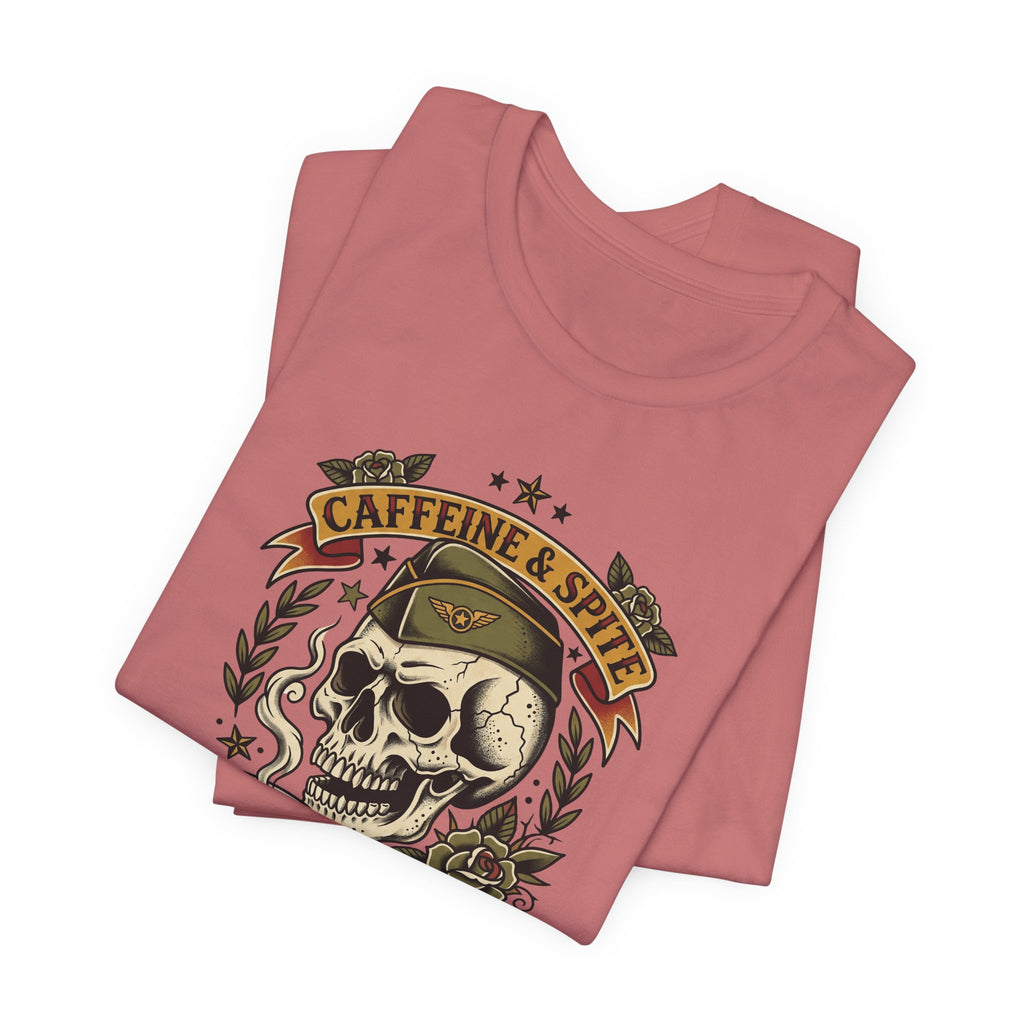 Rose pink crew-neck T-shirt with skull coffee graphic and laurel border.