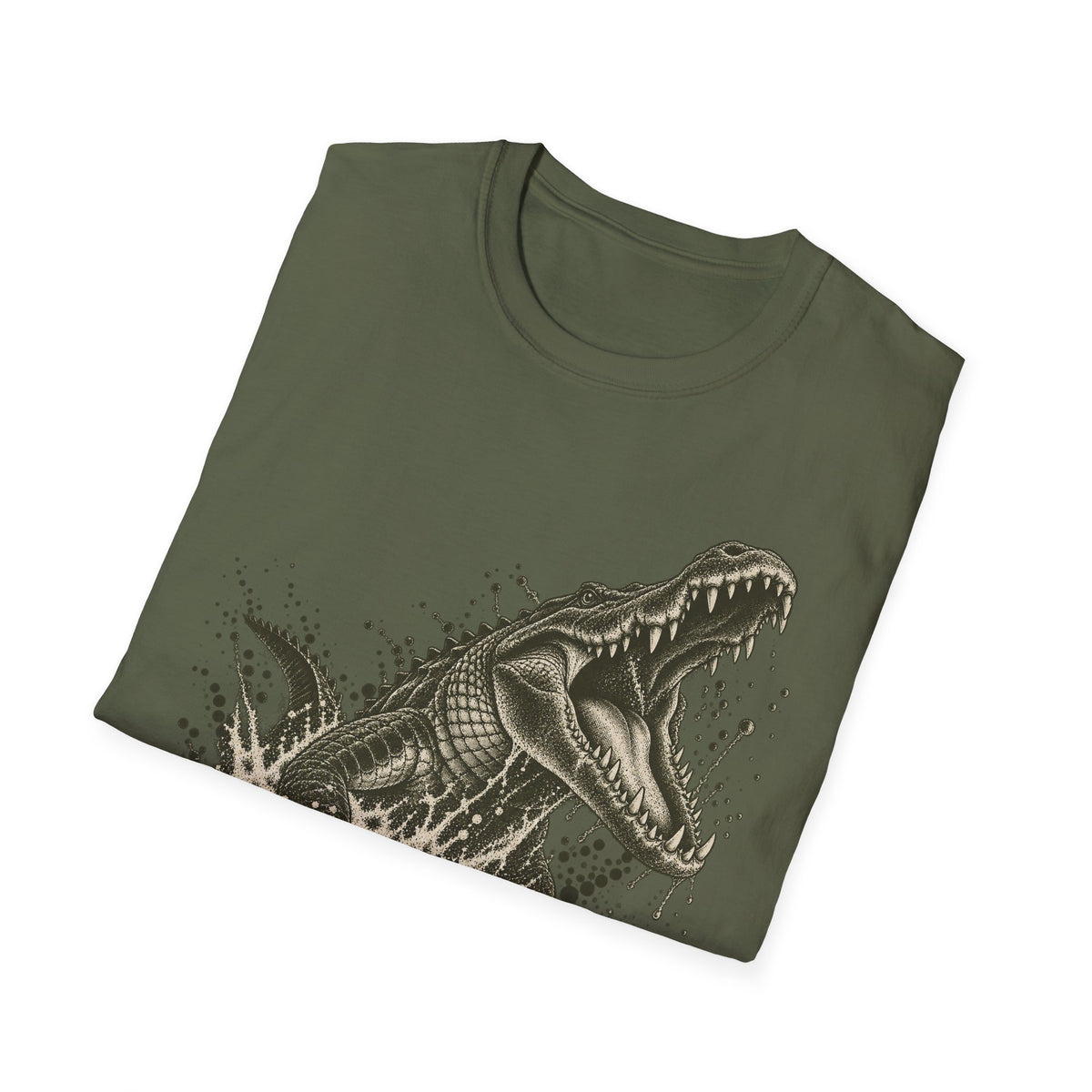 Military green alligator graphic T-shirt with lunging swamp alligator print