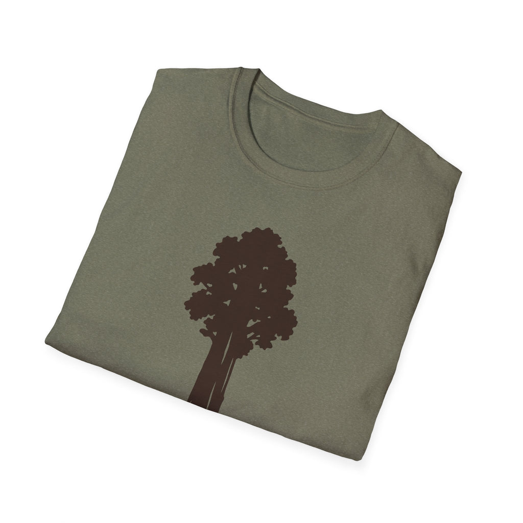 Heather Military Green T-shirt with dark tree silhouette graphic