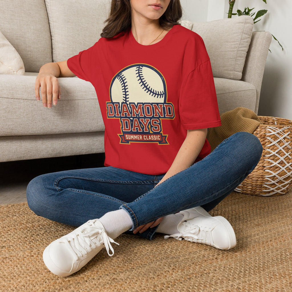 Red baseball graphic T-shirt with Diamond Days logo on chest