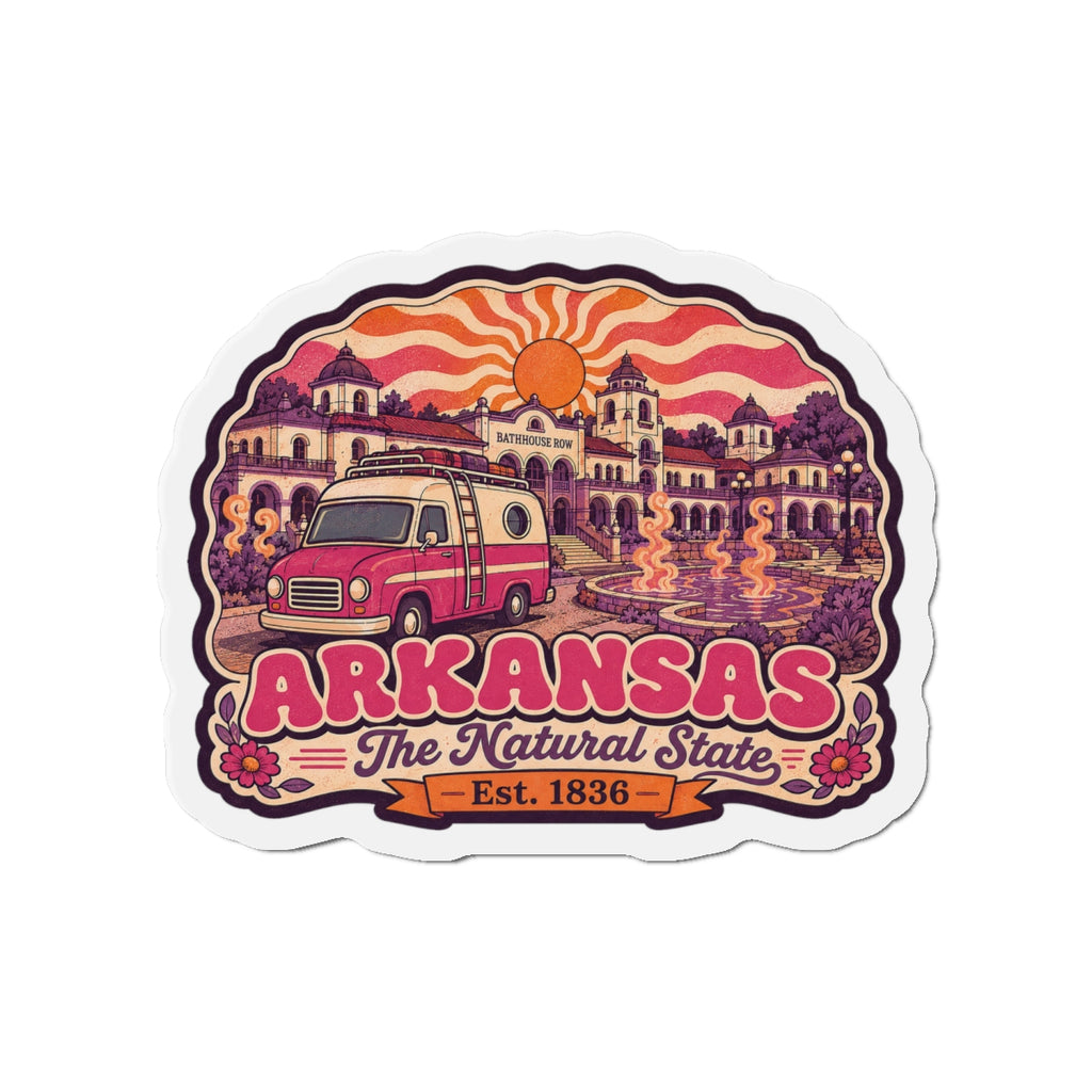 Die-cut Arkansas travel magnet featuring retro pink van, swirling lines, and “The Natural State,” Est. 1836