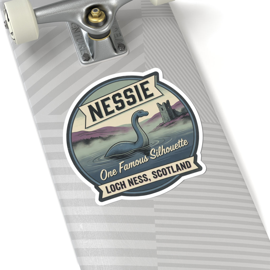 Nessie sticker badge close-up with circular frame and “One Famous Silhouette” and “Loch Ness, Scotland”