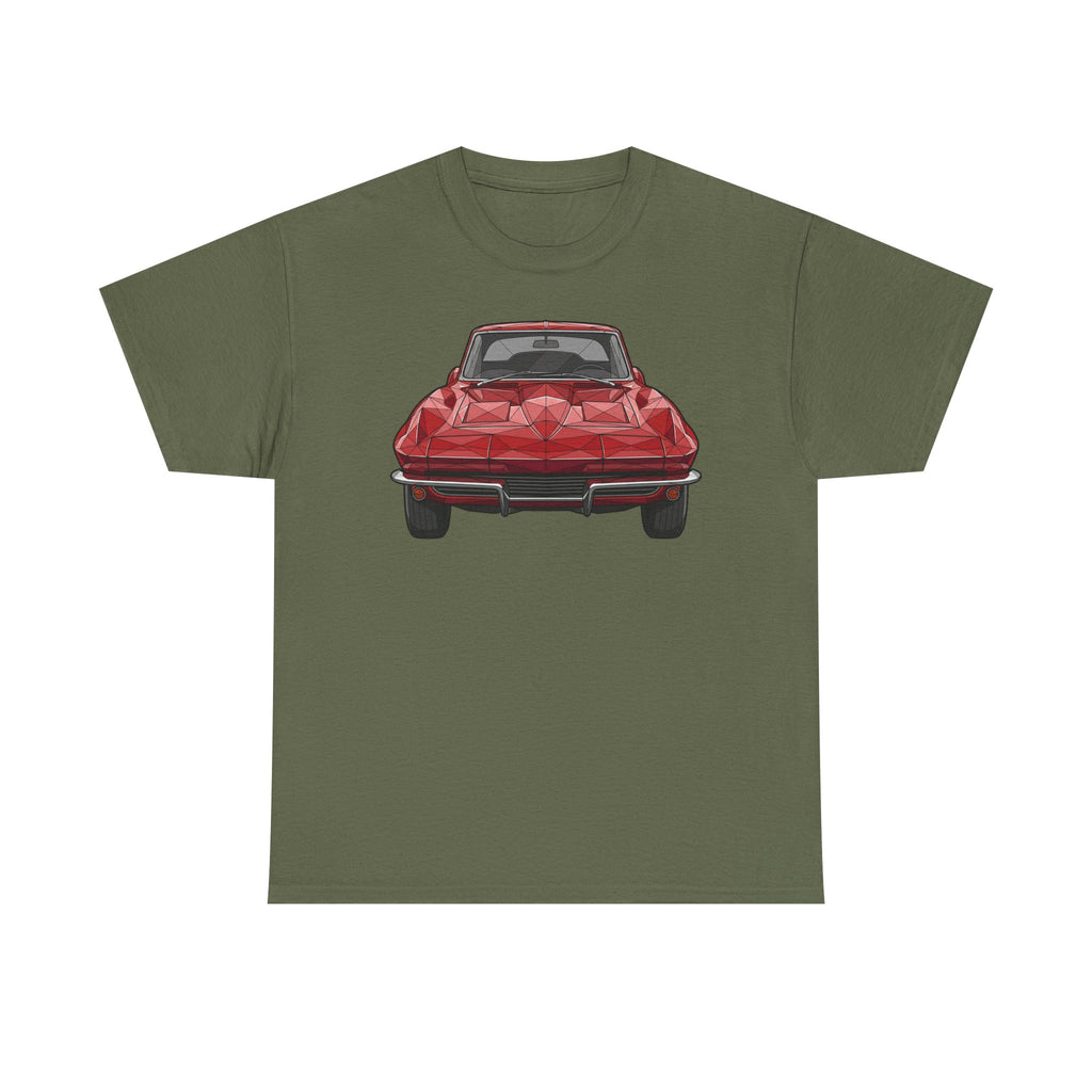 Military green T-shirt with red retro sports coupe graphic on the chest