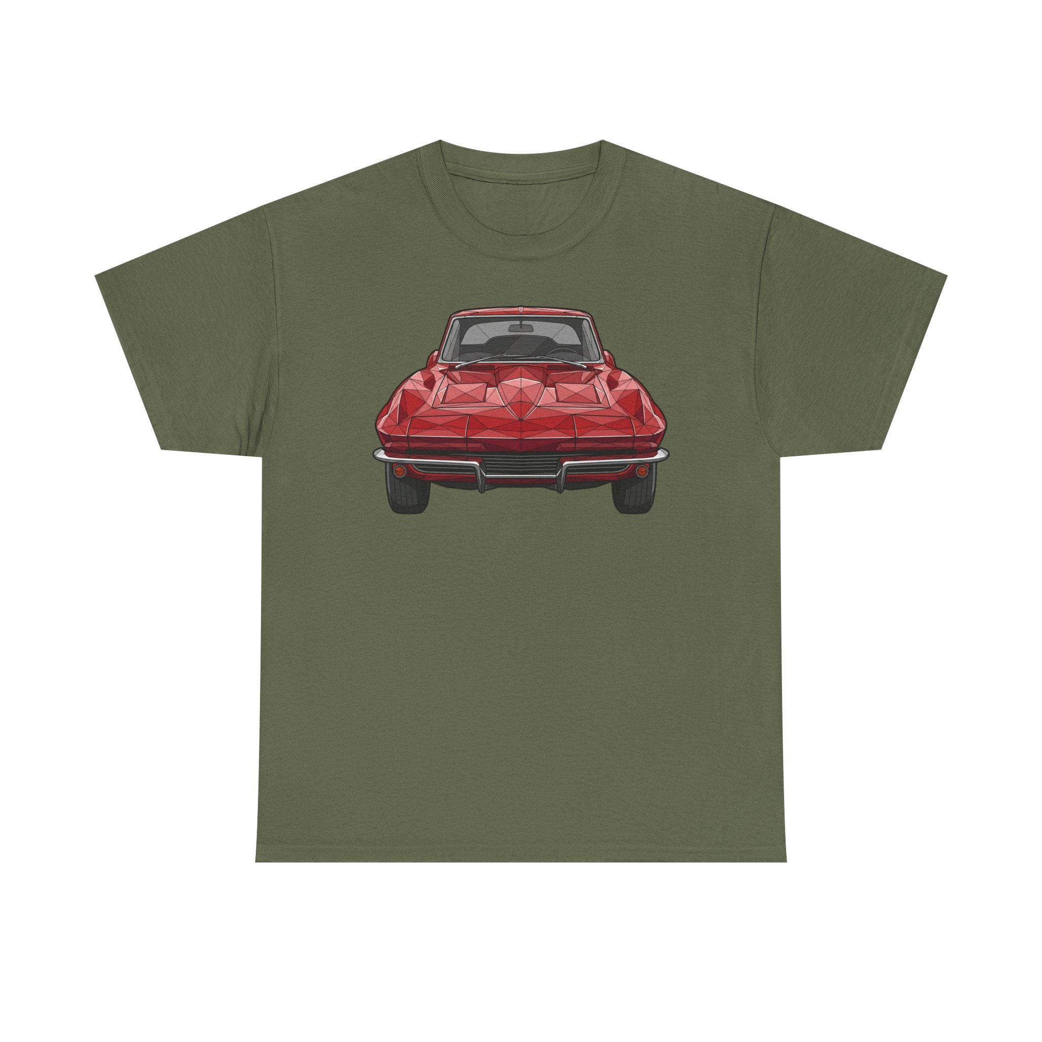 Military green T-shirt with red retro sports coupe graphic on the chest