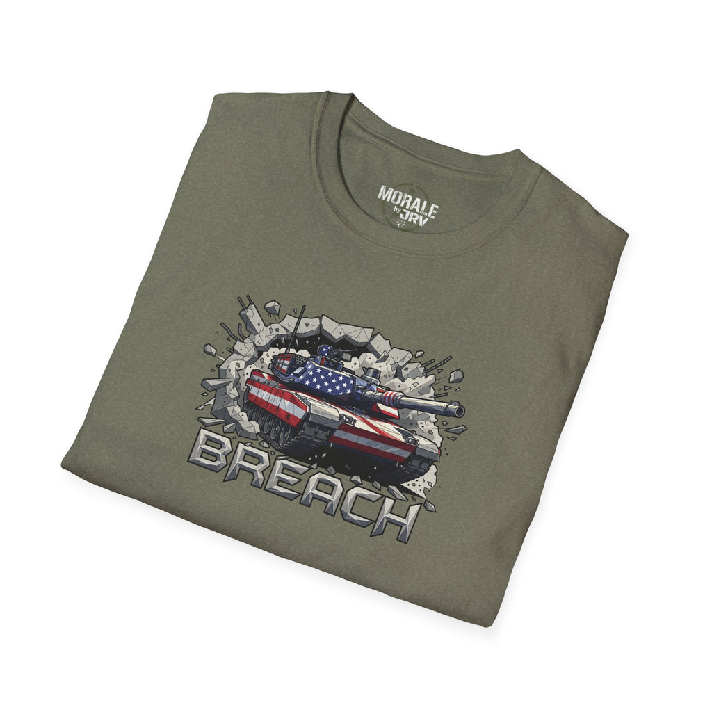 Heather military green tank breach T-shirt with American flag graphic and "BREACH" text