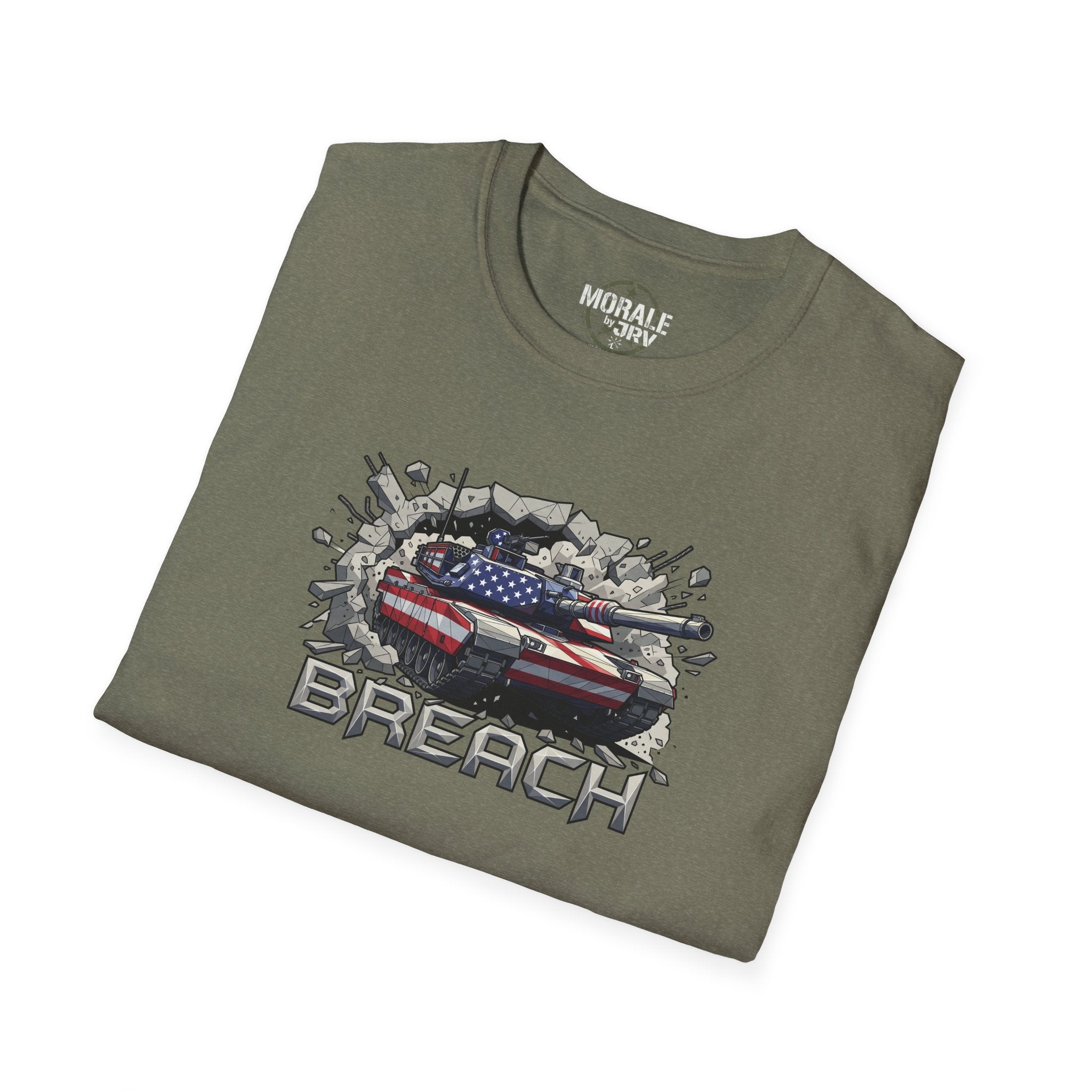 Heather military green tank breach T-shirt with American flag graphic and "BREACH" text