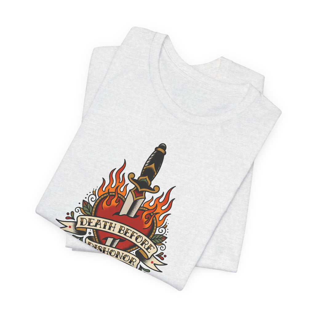Heather gray T-shirt with flaming dagger and banner graphic at chest.