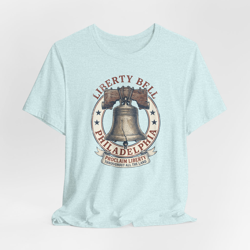 Light aqua Liberty Bell T-shirt with centered bell graphic in circular Philadelphia badge