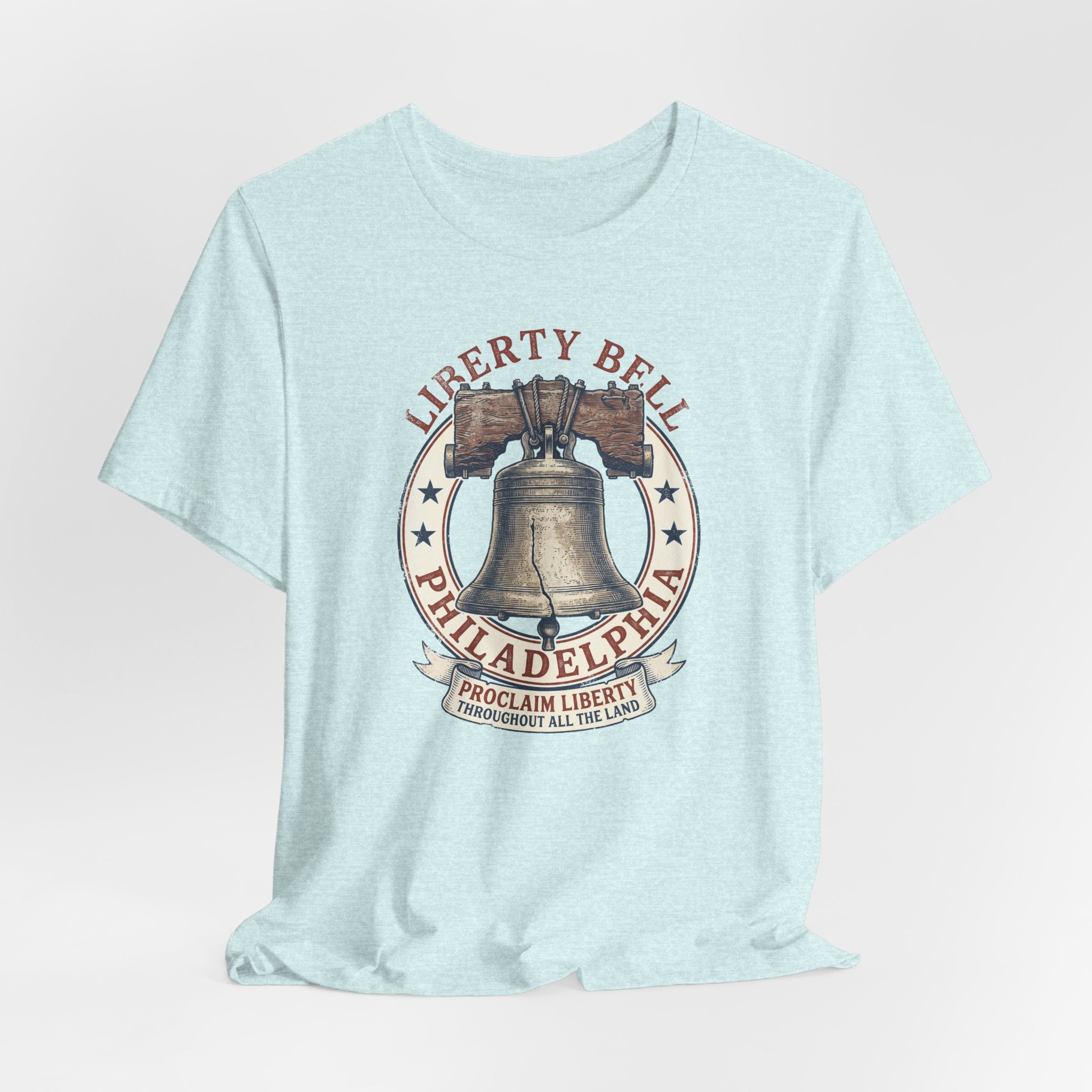 Light aqua Liberty Bell T-shirt with centered bell graphic in circular Philadelphia badge