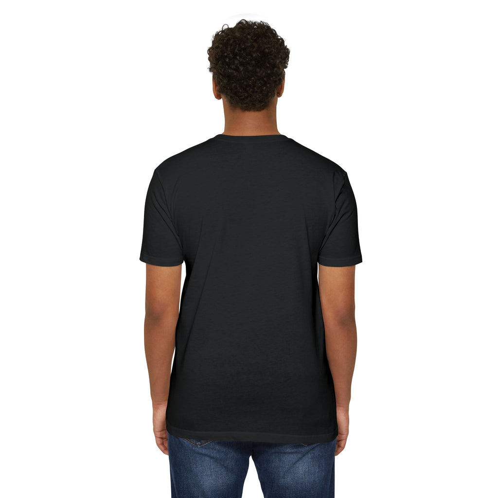 Plain black T-shirt back view with crew neck and short sleeves