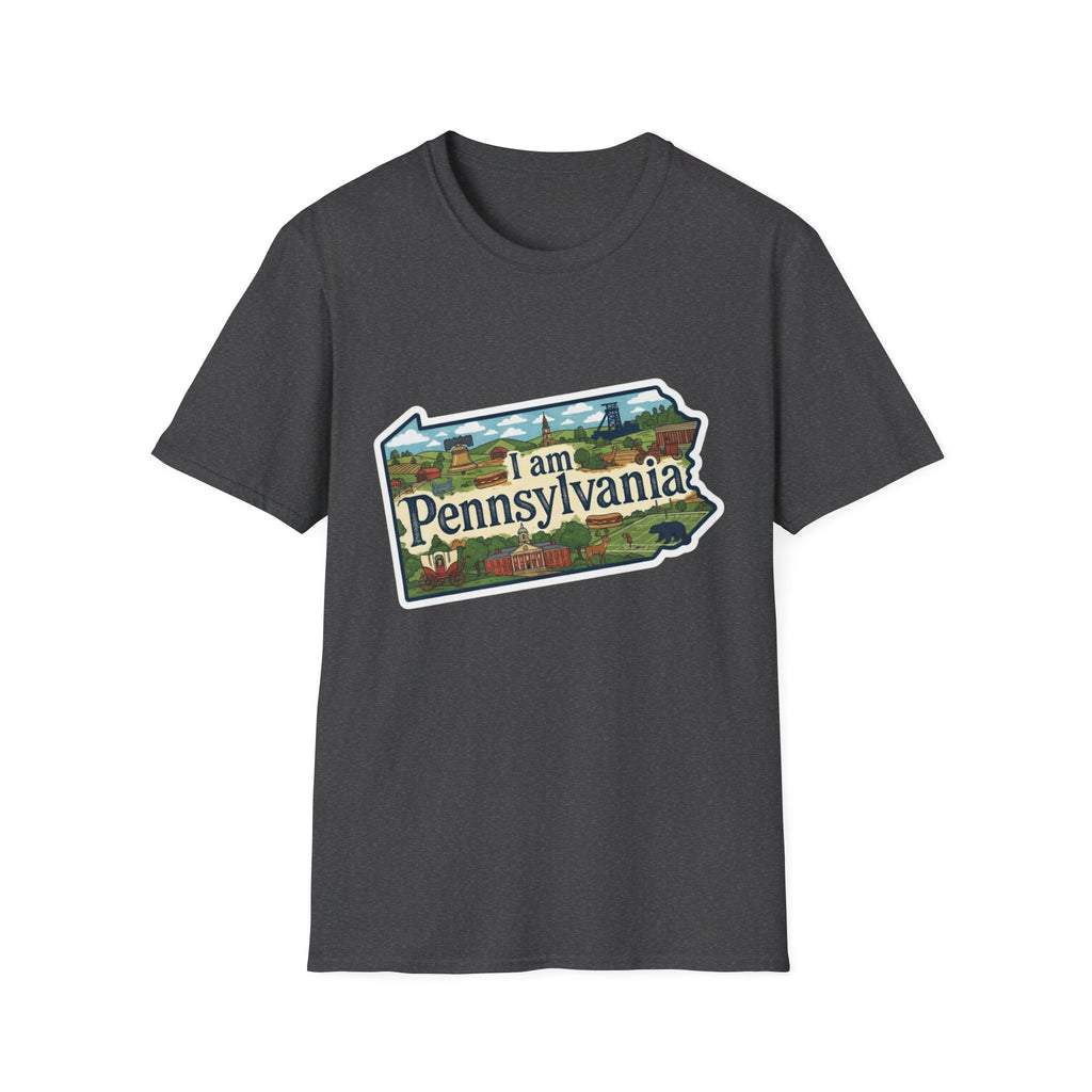 I am Pennsylvania T-shirt (Graphite Heather) with Pennsylvania scenic landmarks print