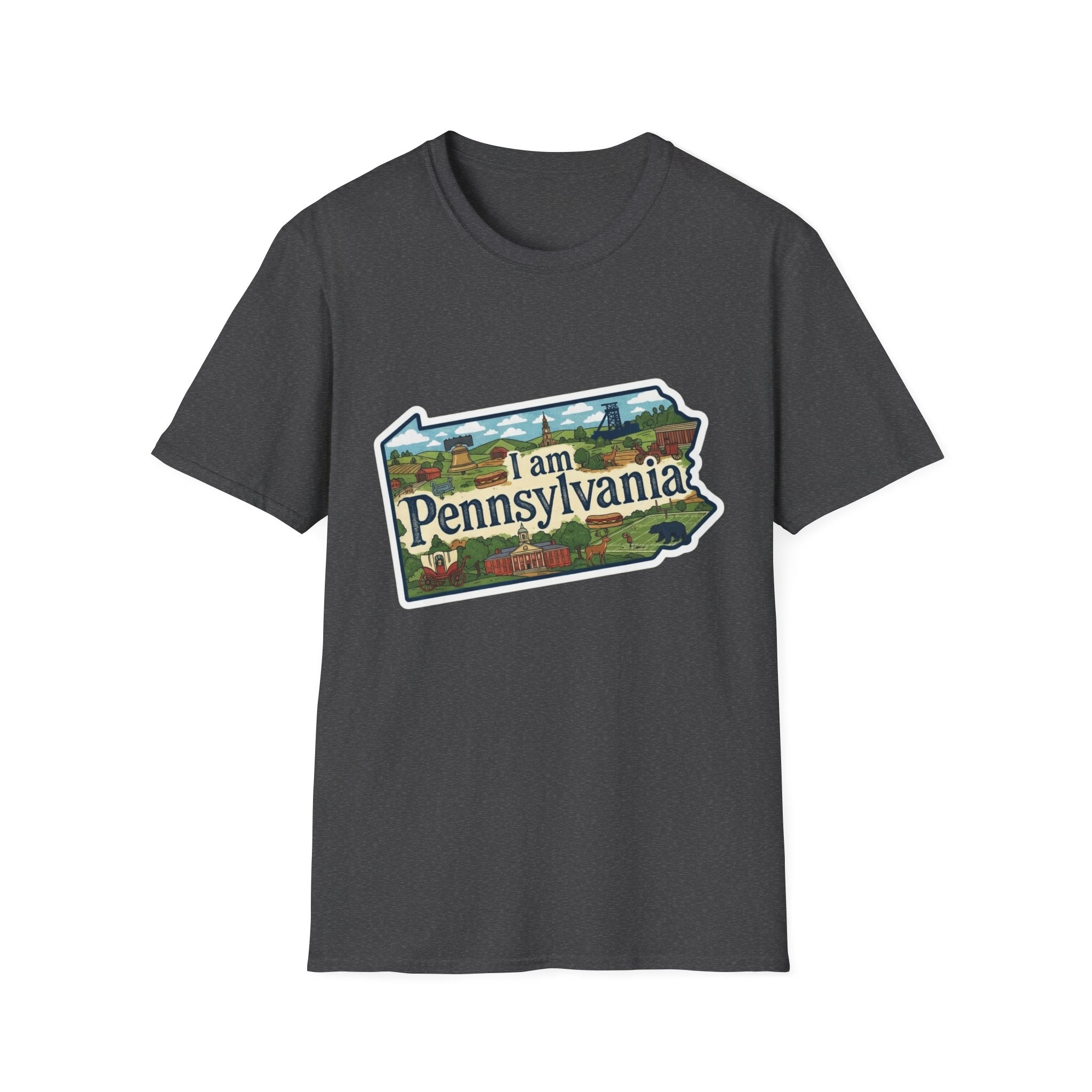 I am Pennsylvania T-shirt (Graphite Heather) with Pennsylvania scenic landmarks print