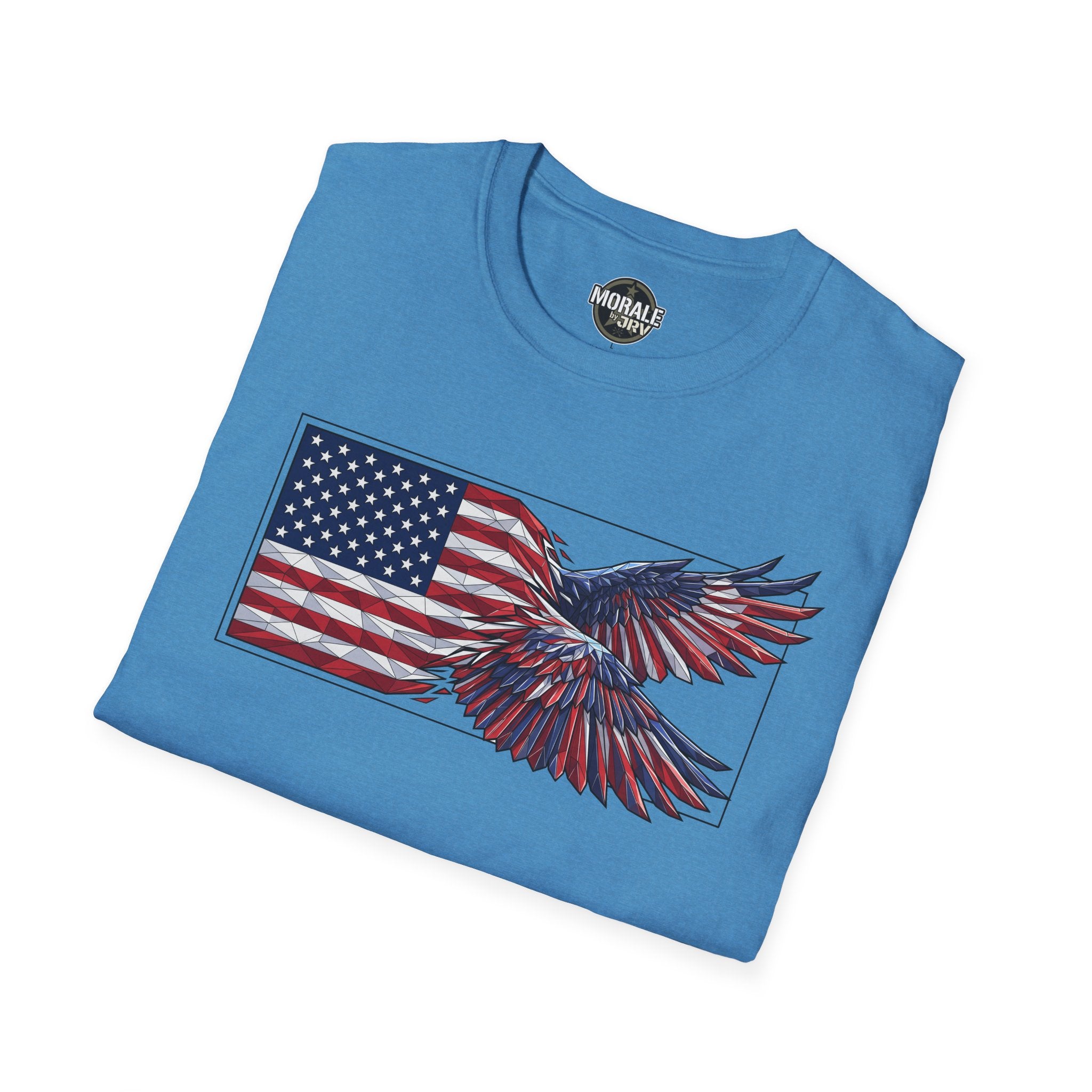 Light blue T-shirt with centered eagle-and-flag graphic, crew neck