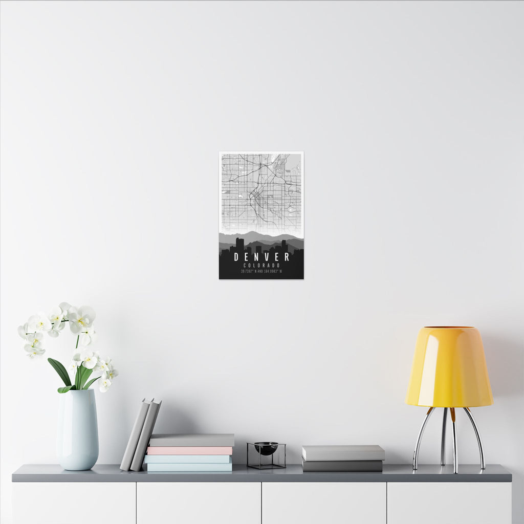 Denver skyline map canvas, small size; “DENVER” and “COLORADO” with coordinates.