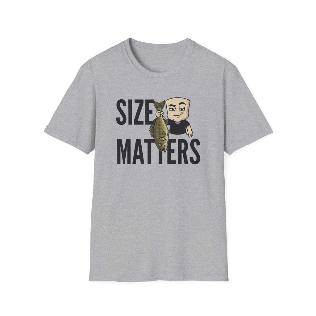 Sport gray T-shirt with “SIZE MATTERS” text and a cartoon fisherman holding a fish.