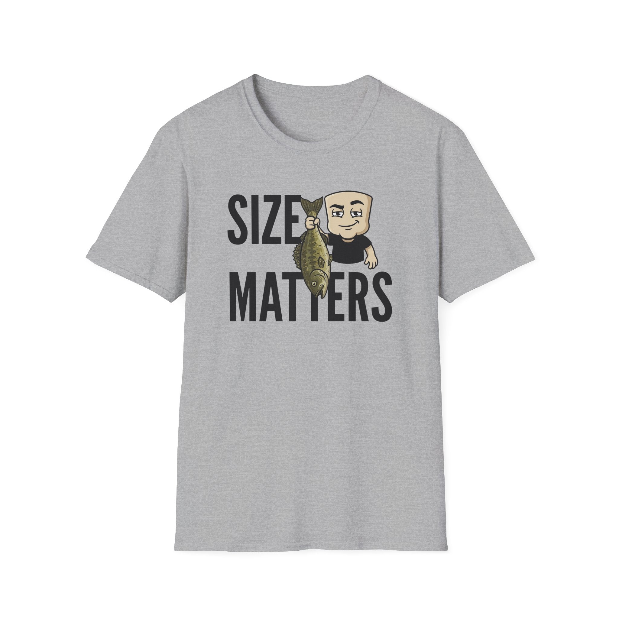 Sport gray T-shirt with “SIZE MATTERS” text and a cartoon fisherman holding a fish.