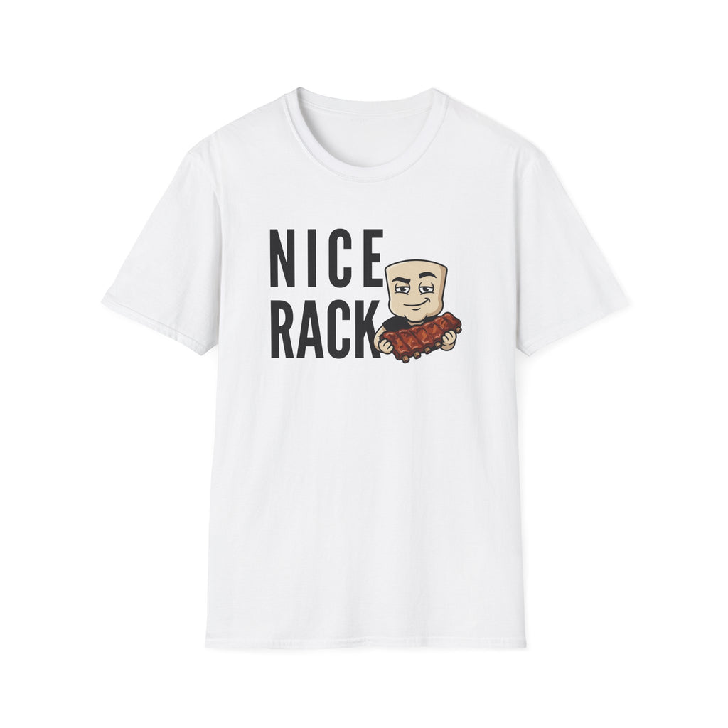 White T-shirt with 'NICE RACK' graphic and cartoon holding ribs