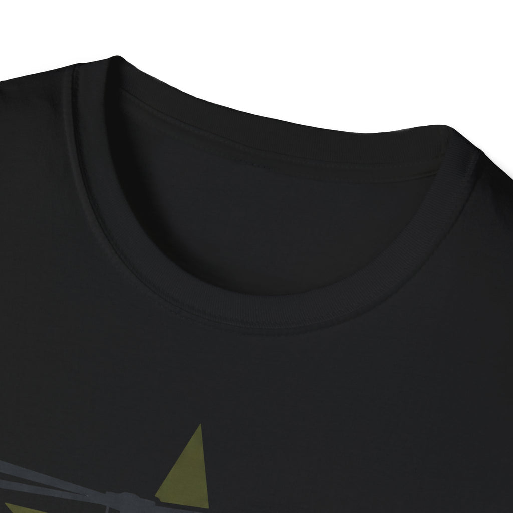 Black crewneck t-shirt with partial helicopter graphic near the neckline