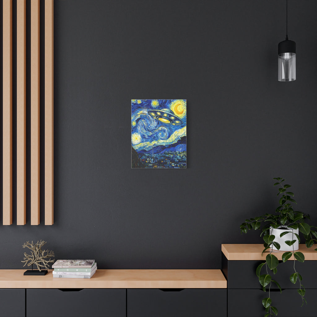 Blue UFO starry wall art on matte stretched canvas, mounted on dark gray wall