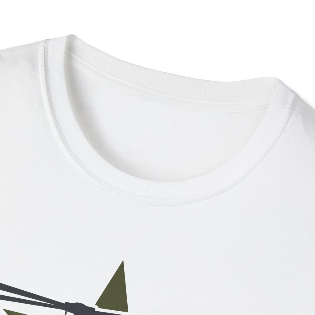 White crewneck collar with partial camo helicopter graphic