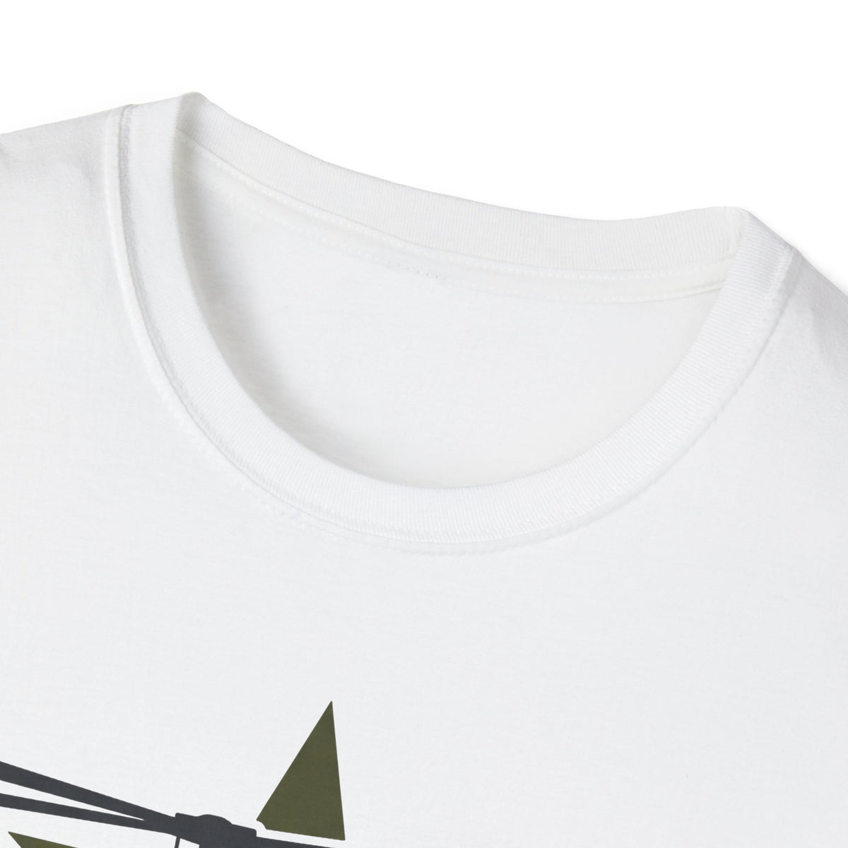 White crewneck collar with partial camo helicopter graphic