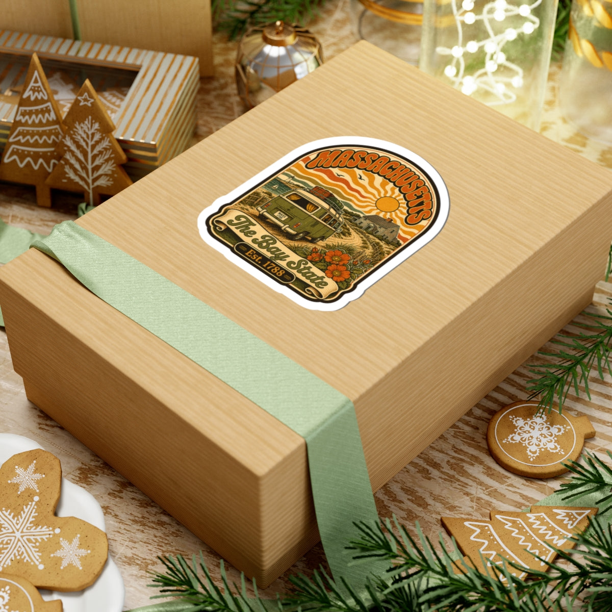 Massachusetts sticker on wrapped gift, vintage van artwork with Bay State and est. 1788