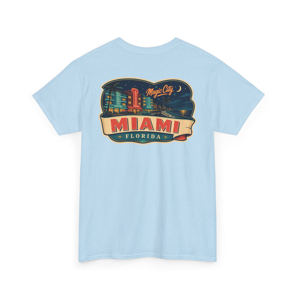 Light blue T-shirt with Miami luggage tag graphic on the chest
