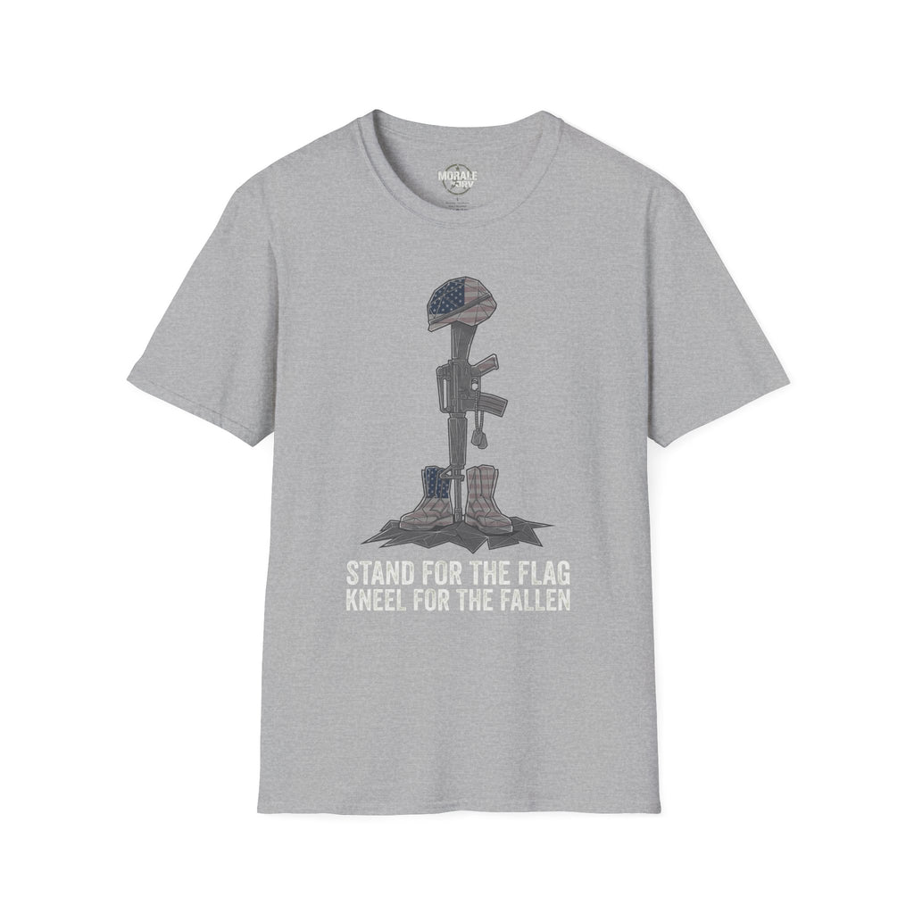 Sport Grey t-shirt with kneeling soldier flag graphic and text “STAND FOR THE FALLEN”