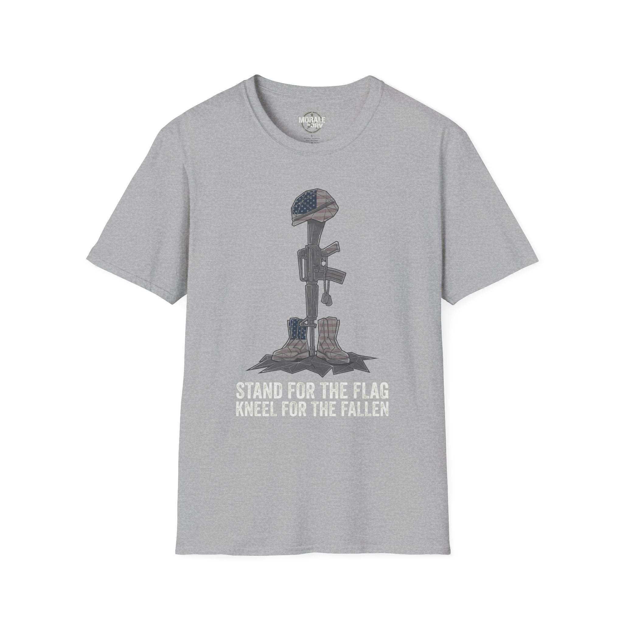Sport Grey t-shirt with kneeling soldier flag graphic and text “STAND FOR THE FALLEN”