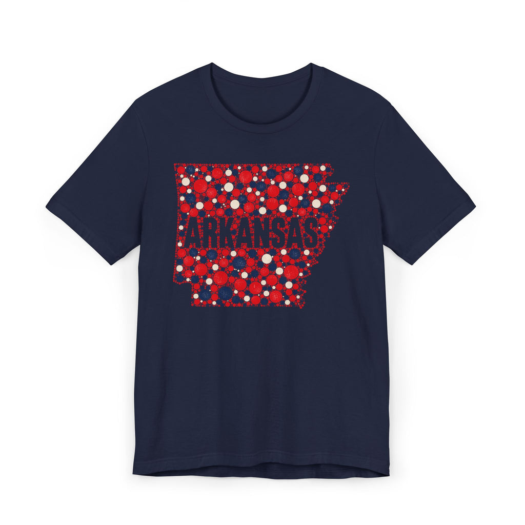 Navy T-shirt with red and blue floral dot Arkansas outline graphic