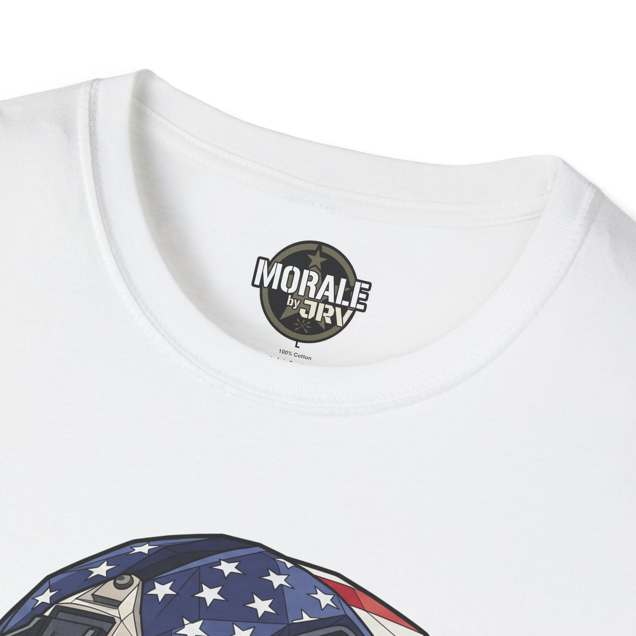 Skull tactical helmet T-shirt in white with neck logo and part of flag helmet print