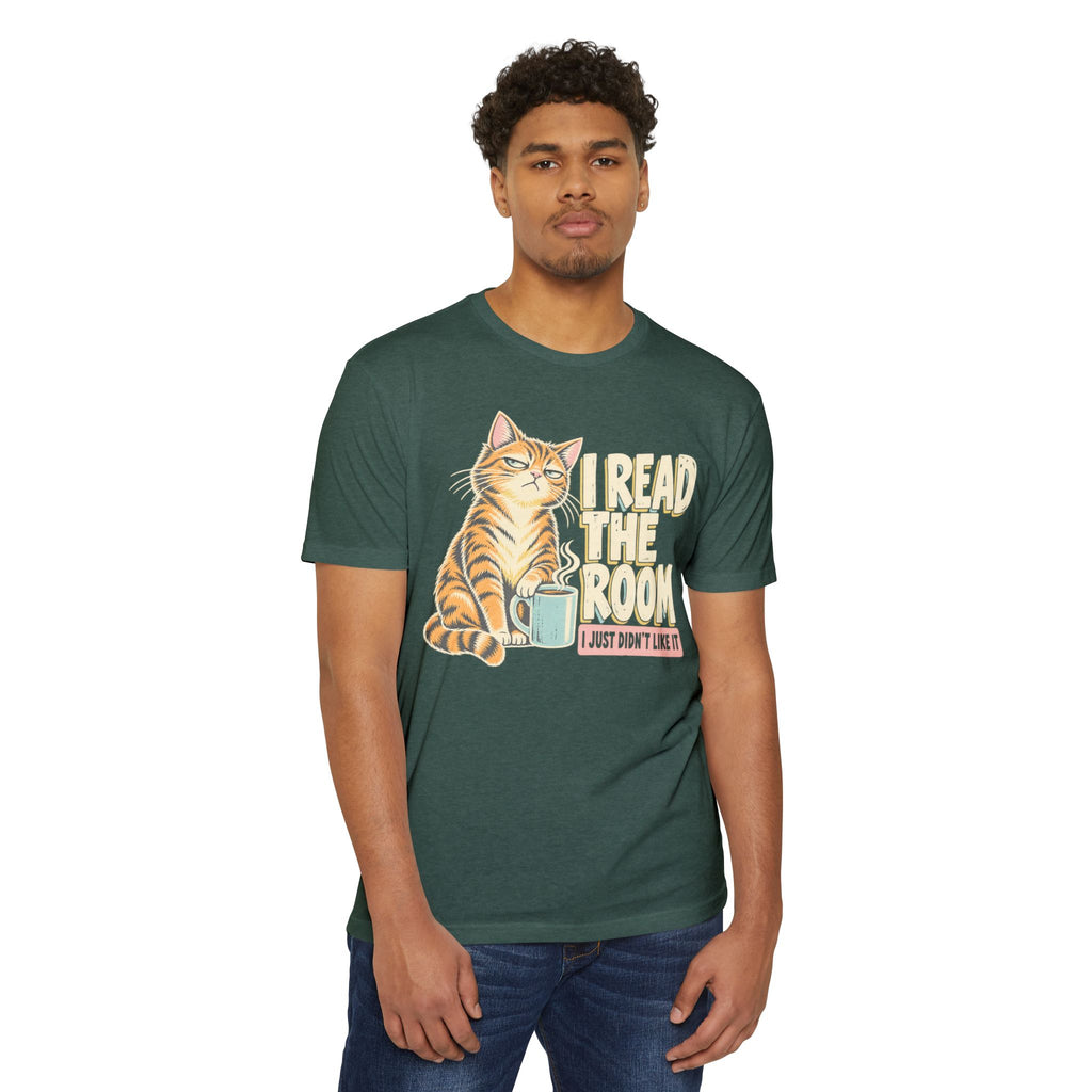 Dark green cat T-shirt with orange kitten and "I Read the Room" graphic