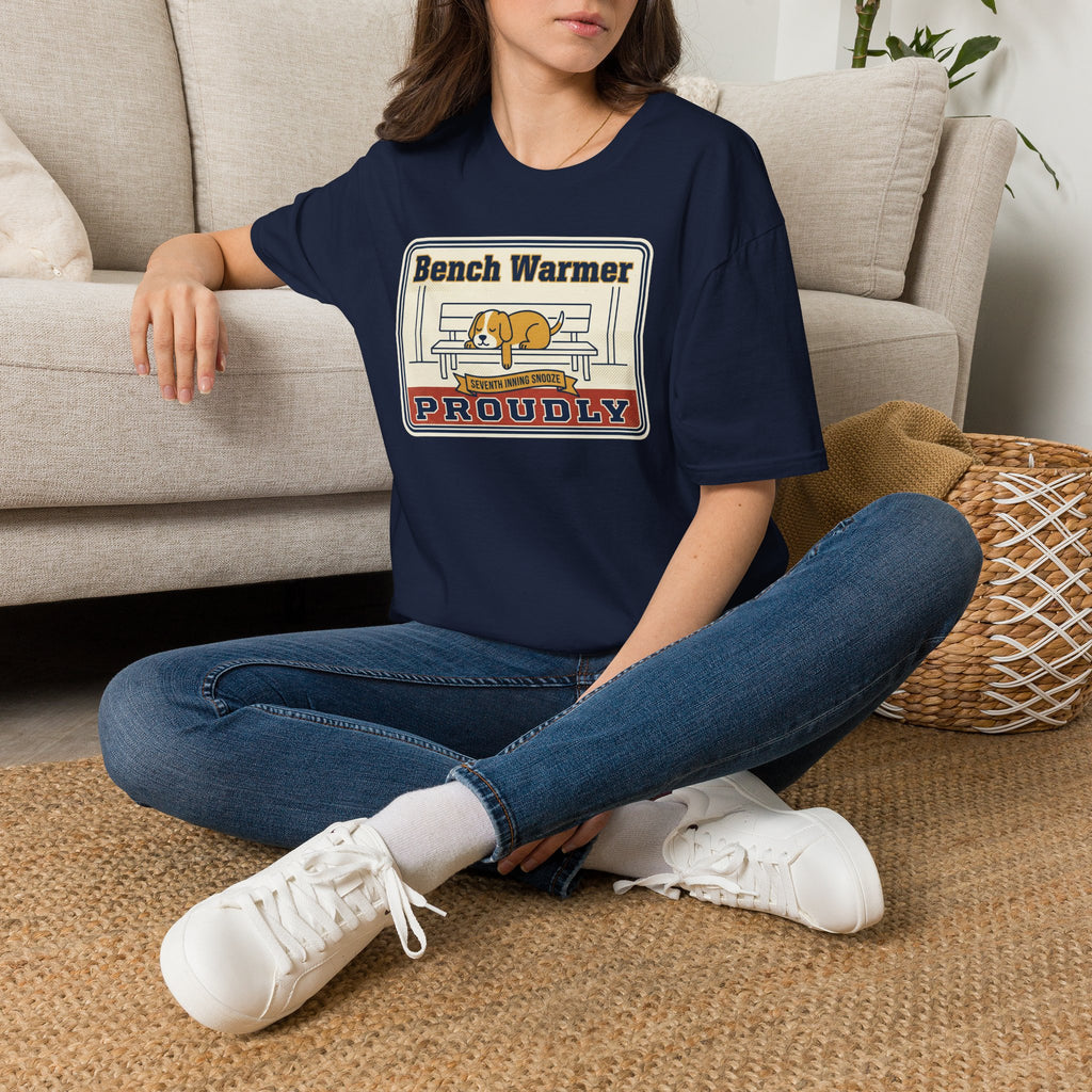 Navy T-shirt with “Bench Warmer Proudly” dog-on-bench graphic, worn on model