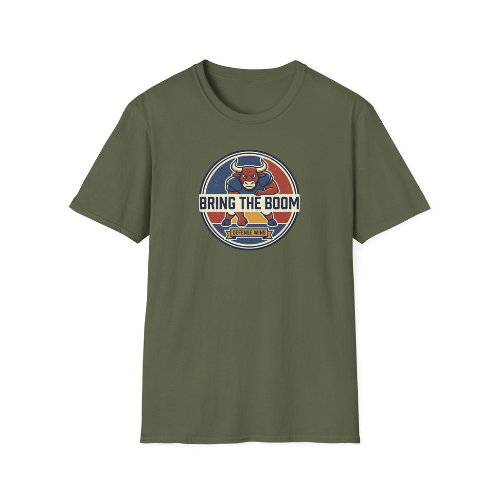 Bull mascot t-shirt, military green, front graphic