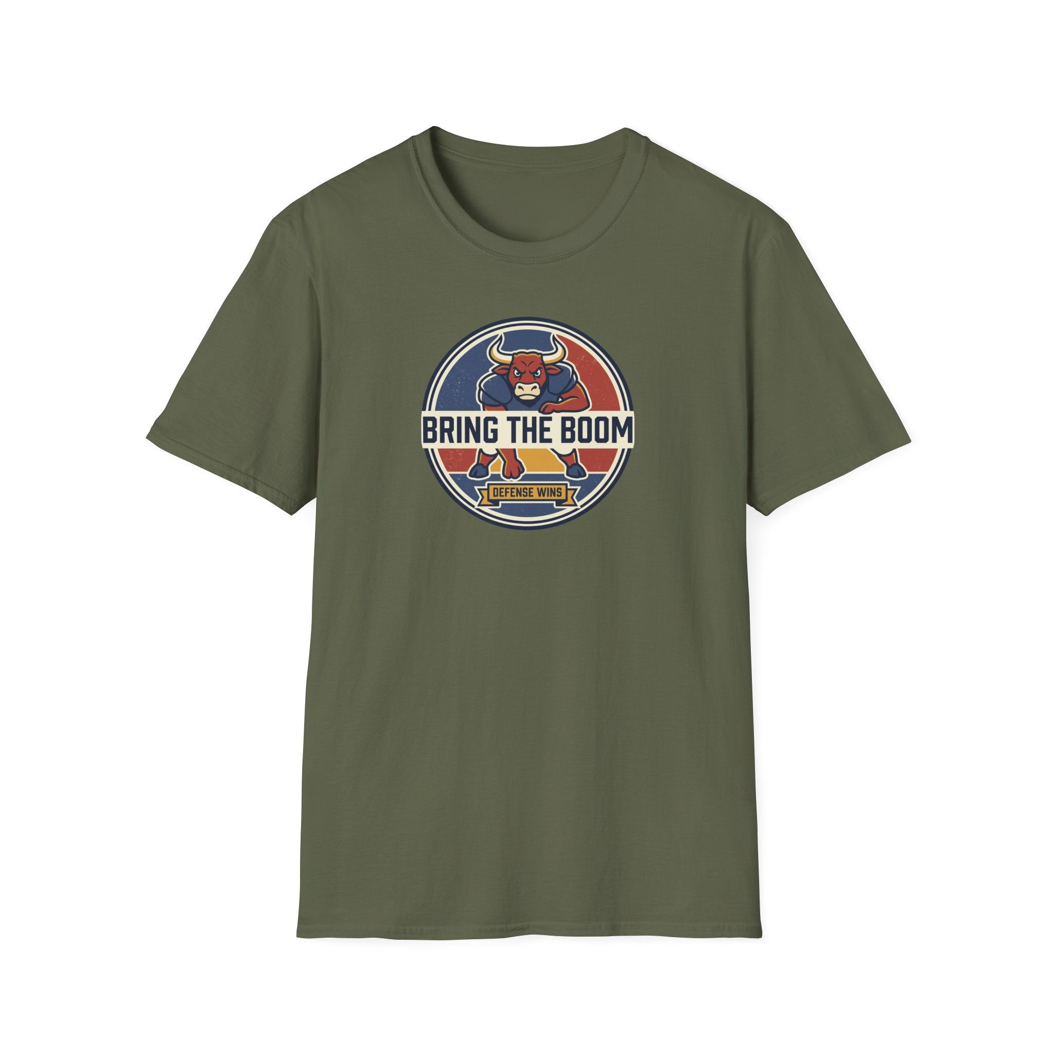 Bull mascot t-shirt, military green, front graphic