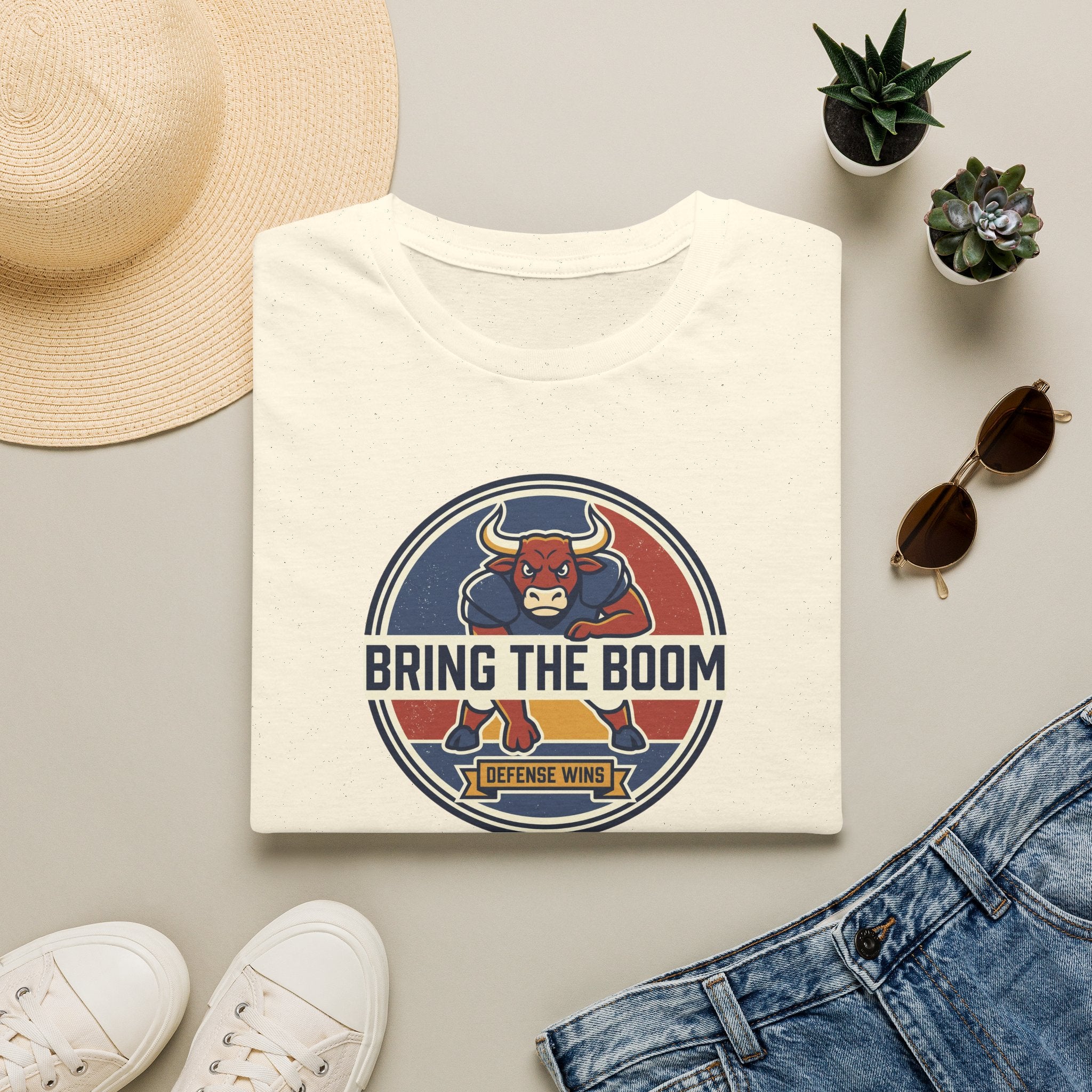 Bull mascot graphic T-shirt in natural cream with round logo front print